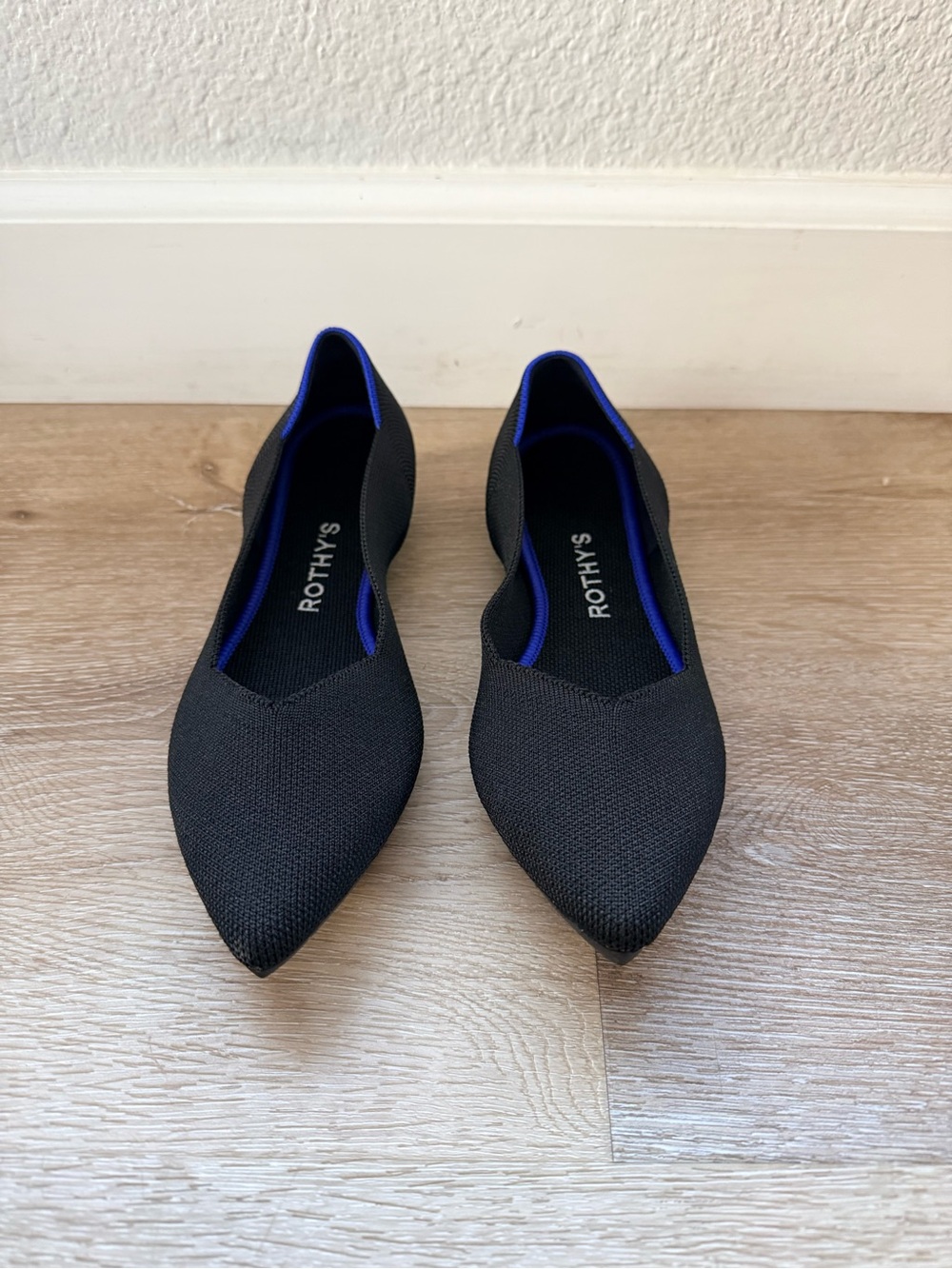 Rothy's Black Pointed-Toe Slip-On Flats with Blue Trim